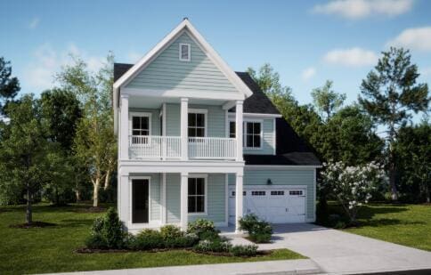 view of front facade with a balcony, a front yard, and a garage