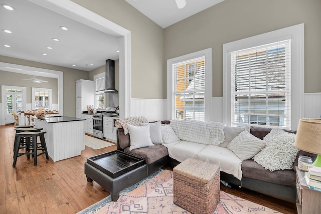 68 Vanderhorst St Unit B, Charleston, SC 29403 - living area with ceiling fan, light wood-style flooring, a wainscoted wall, and recessed lighting