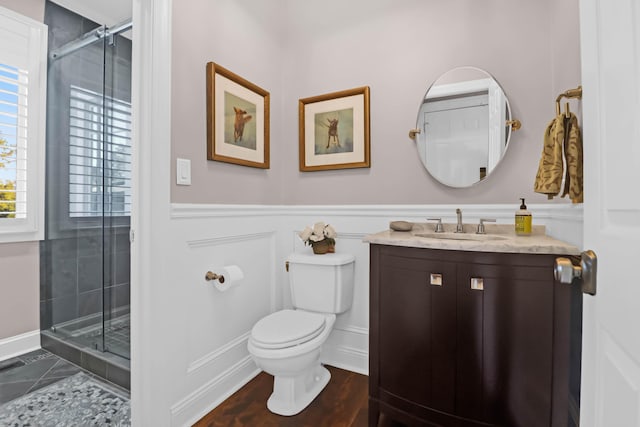 bathroom with vanity, a shower with shower door, and toilet