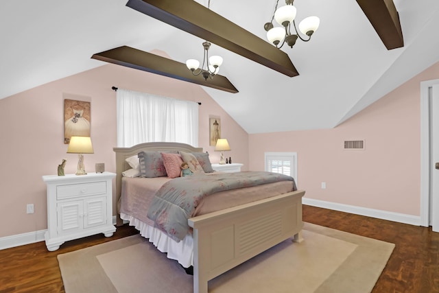 bedroom with vaulted ceiling with beams, dark wood-type flooring, and a chandelier