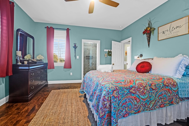 bedroom with ceiling fan and dark hardwood / wood-style floors