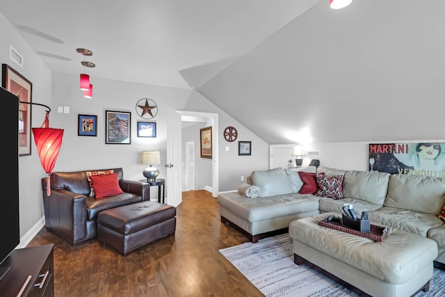 living room with lofted ceiling and dark hardwood / wood-style flooring