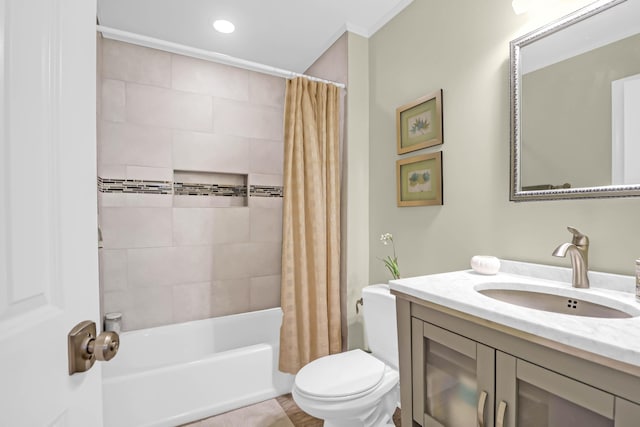 full bathroom featuring shower / bath combination with curtain, vanity, and toilet