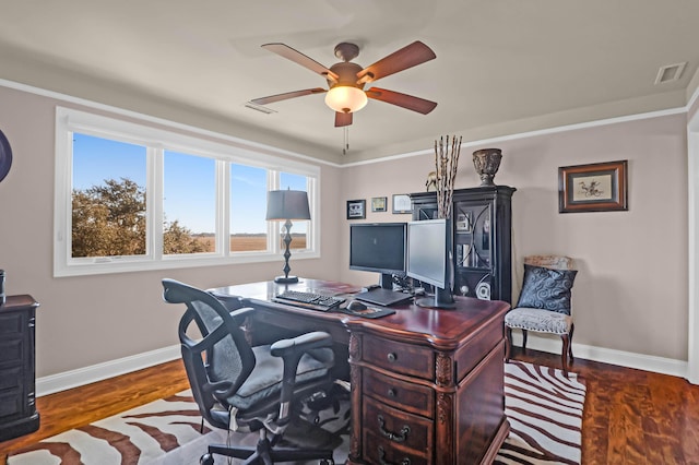 office with dark hardwood / wood-style flooring and ceiling fan