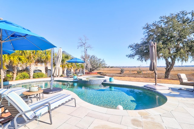 view of swimming pool featuring a patio area and an in ground hot tub