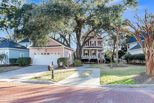 view of front of home with a porch, concrete driveway, a front lawn, and an attached garage