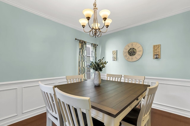 108 Glenspring Dr, Summerville, SC 29486 - dining room featuring a chandelier, crown molding, a decorative wall, wainscoting, and dark wood-type flooring