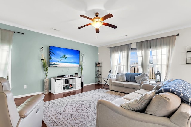 108 Glenspring Dr, Summerville, SC 29486 - living area with ceiling fan, wood finished floors, baseboards, and ornamental molding