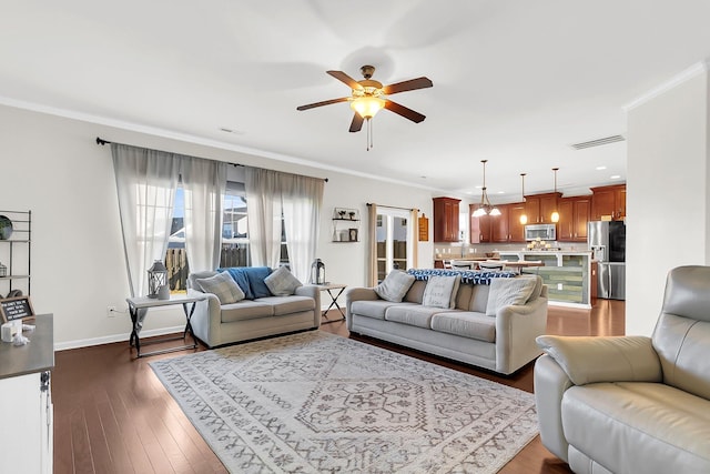 108 Glenspring Dr, Summerville, SC 29486 - living area with ceiling fan, ornamental molding, baseboards, dark wood-type flooring, and recessed lighting