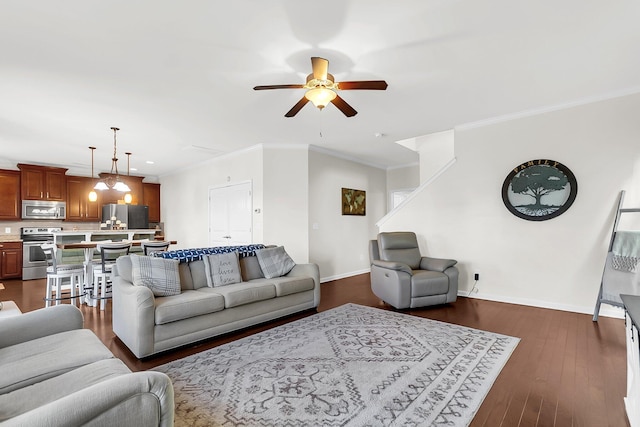 108 Glenspring Dr, Summerville, SC 29486 - living room featuring baseboards, ceiling fan, ornamental molding, dark wood-style flooring, and recessed lighting