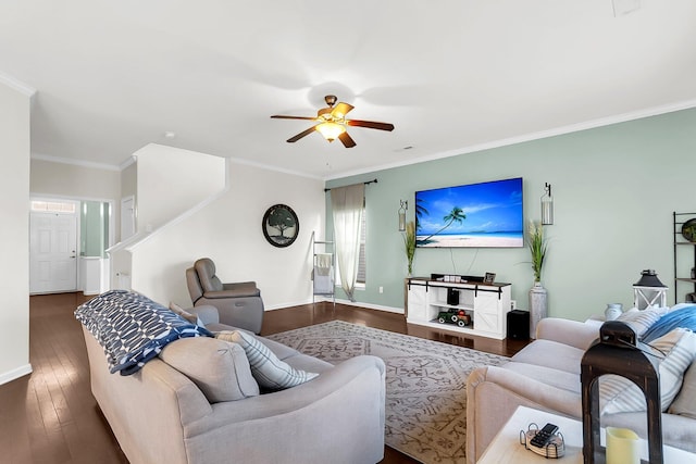 108 Glenspring Dr, Summerville, SC 29486 - living area with wood finished floors, a ceiling fan, crown molding, baseboards, and plenty of natural light