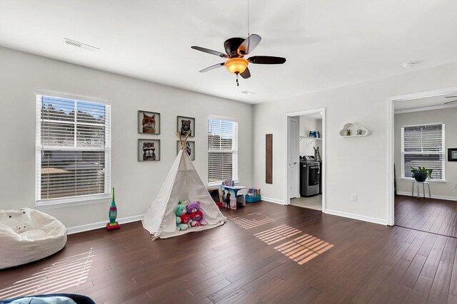 108 Glenspring Dr, Summerville, SC 29486 - game room with a ceiling fan, wood finished floors, baseboards, and washer and clothes dryer