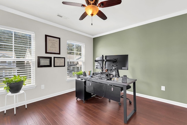 108 Glenspring Dr, Summerville, SC 29486 - office featuring wood finished floors, ornamental molding, baseboards, and ceiling fan