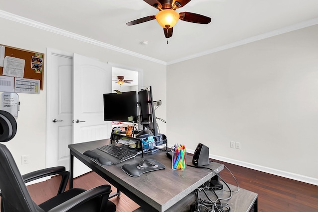 108 Glenspring Dr, Summerville, SC 29486 - home office featuring a ceiling fan, ornamental molding, wood finished floors, and baseboards