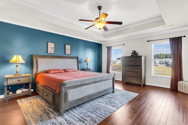 108 Glenspring Dr, Summerville, SC 29486 - bedroom with a raised ceiling, baseboards, hardwood / wood-style flooring, ornamental molding, and a ceiling fan
