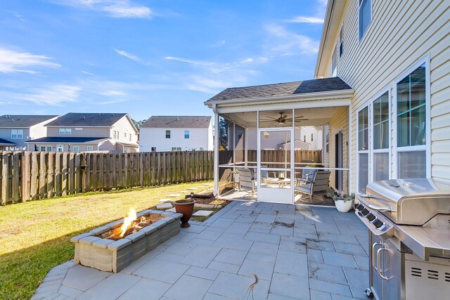 108 Glenspring Dr, Summerville, SC 29486 - view of patio featuring a fire pit, ceiling fan, a residential view, and area for grilling