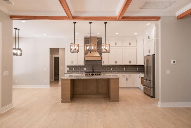 74 Longleaf Dr, Walterboro, SC 29488 - kitchen with white cabinetry, visible vents, custom exhaust hood, appliances with stainless steel finishes, and decorative backsplash