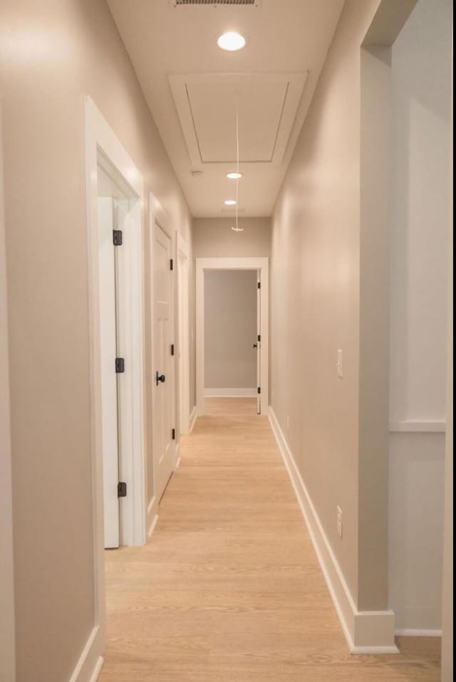 74 Longleaf Dr, Walterboro, SC 29488 - hall with light wood-style flooring, attic access, and baseboards