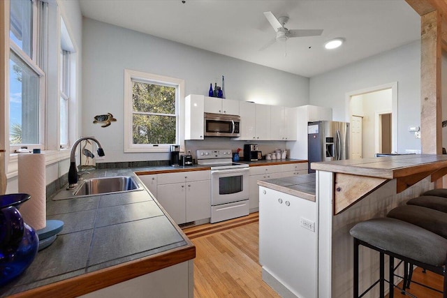 kitchen featuring ceiling fan, light hardwood / wood-style flooring, appliances with stainless steel finishes, white cabinets, and sink