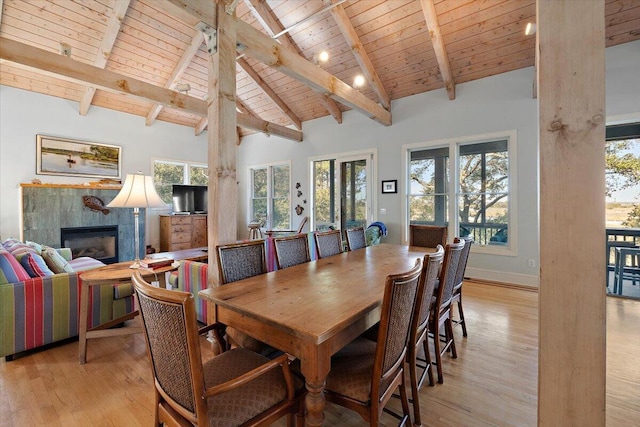 dining area with high vaulted ceiling, light hardwood / wood-style floors, a tile fireplace, and wooden ceiling