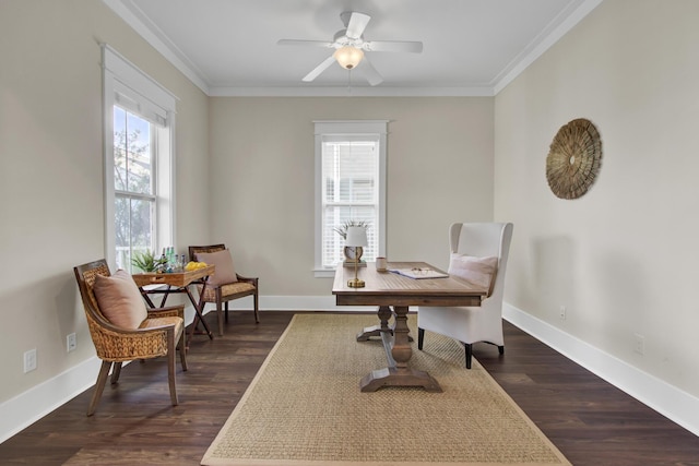 interior space with ceiling fan, ornamental molding, and dark hardwood / wood-style flooring