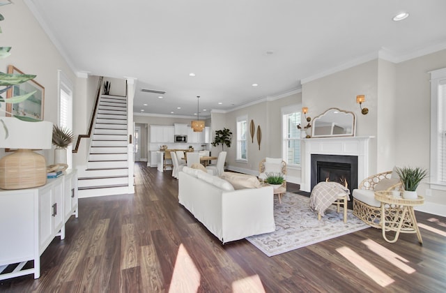 living room with dark hardwood / wood-style flooring and crown molding