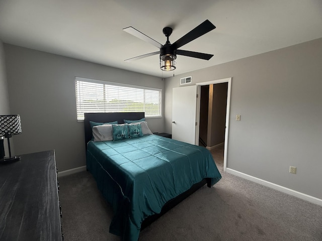 bedroom featuring dark carpet, visible vents, ceiling fan, and baseboards