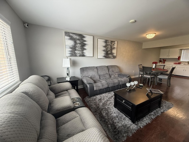 living area with baseboards and dark wood-style flooring