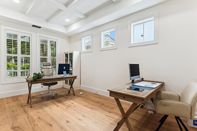 1474 Blue Cascade Dr, Mount Pleasant, SC 29464 - office area featuring light wood-type flooring, coffered ceiling, beam ceiling, recessed lighting, and baseboards