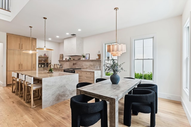 1474 Blue Cascade Dr, Mount Pleasant, SC 29464 - kitchen featuring open shelves, custom exhaust hood, light wood-style flooring, light brown cabinets, and recessed lighting