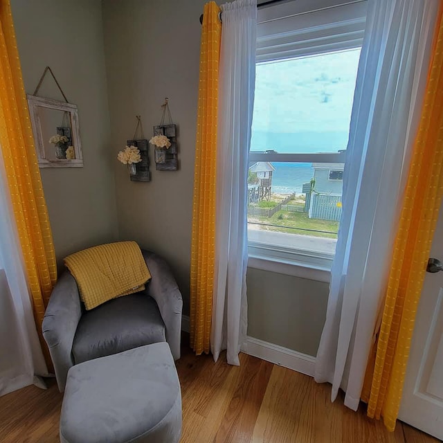 sitting room featuring light hardwood / wood-style flooring, a wealth of natural light, and a water view