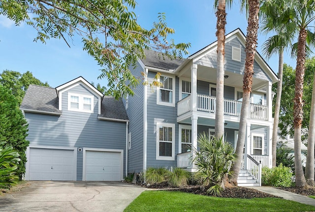 view of front of property with a balcony, a garage, and covered porch