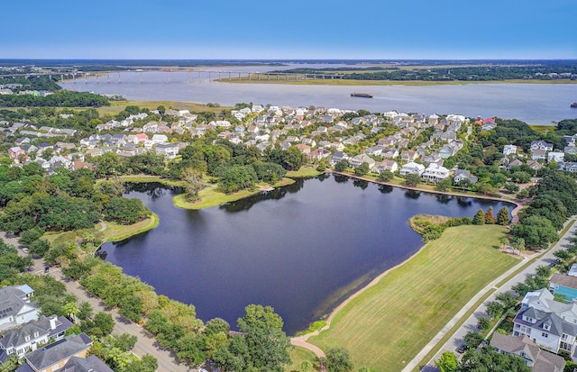 bird's eye view with a residential view and a water view