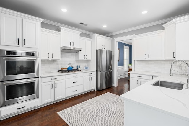 kitchen featuring a sink, stainless steel appliances, under cabinet range hood, light stone countertops, and visible vents