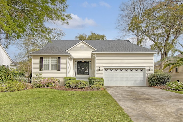 ranch-style home with a garage, a shingled roof, concrete driveway, and a front yard
