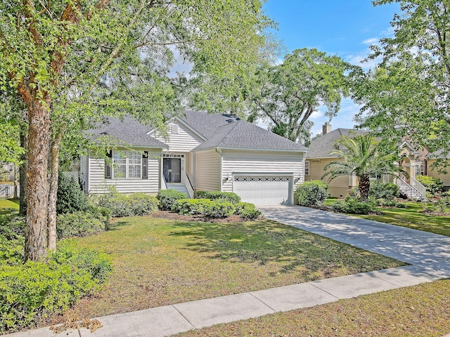 single story home with a garage, a front lawn, driveway, and a shingled roof