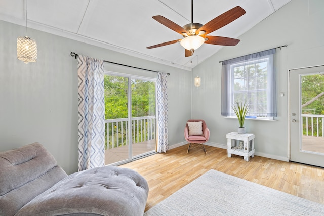 sitting room featuring ceiling fan, vaulted ceiling, and a healthy amount of sunlight