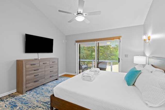 bedroom with lofted ceiling, ceiling fan, and access to outside