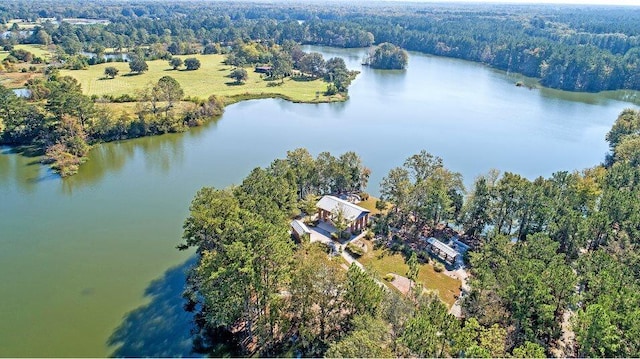aerial overview of property's location featuring a forest and a nearby body of water