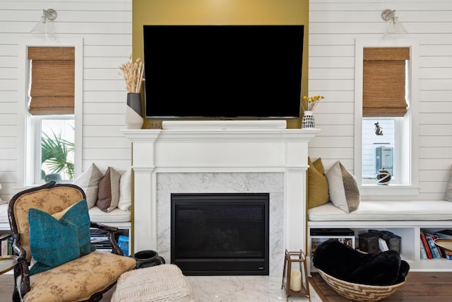 interior space featuring wood walls and a premium fireplace