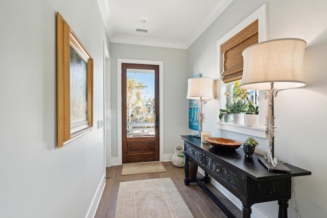 entryway featuring plenty of natural light, ornamental molding, and hardwood / wood-style flooring