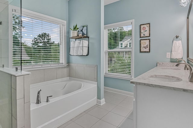 307 Morning Marsh Ln, Charleston, SC 29492 - bathroom featuring tile patterned flooring, a bath, double vanity, and an enclosed shower