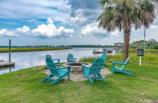 307 Morning Marsh Ln, Charleston, SC 29492 - dock area with an outdoor fire pit, a yard, and a water view