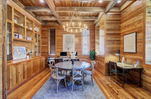 307 Morning Marsh Ln, Charleston, SC 29492 - dining space featuring a wood ceiling with exposed beams, wood walls, wood-type flooring, a chandelier, and recessed lighting