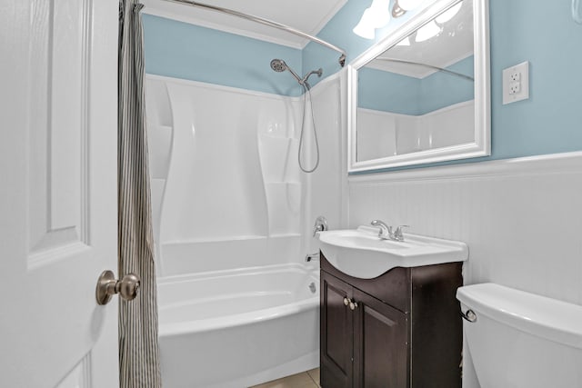 bathroom with vanity, shower / bathtub combination with curtain, a wainscoted wall, tile patterned flooring, and toilet