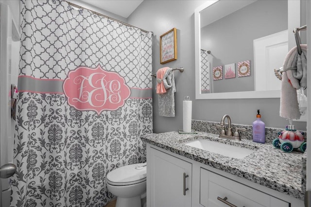 full bathroom featuring vanity, a shower with shower curtain, and toilet