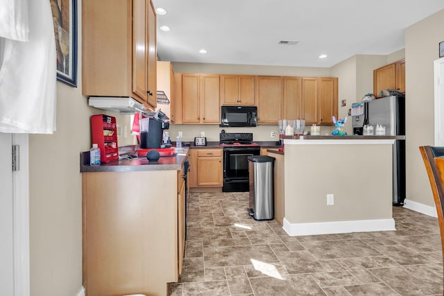 kitchen featuring light brown cabinetry, visible vents, recessed lighting, and black appliances