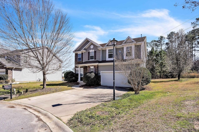 view of front facade featuring brick siding, an attached garage, concrete driveway, and a front lawn