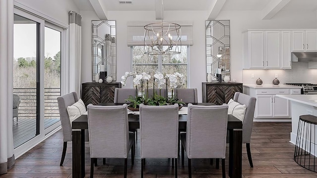 dining space featuring a notable chandelier, dark wood-type flooring, and plenty of natural light