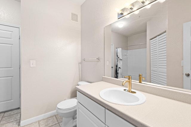 bathroom with a shower with shower curtain, vanity, toilet, and tile patterned flooring